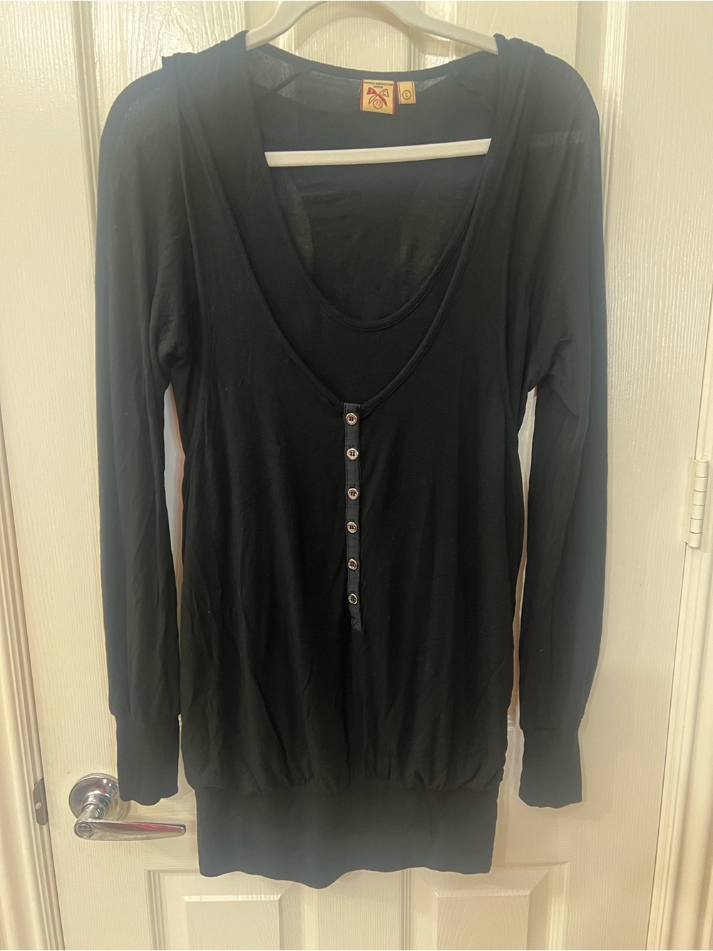 French Connection Black Long Sleeve Scoop Henley Top